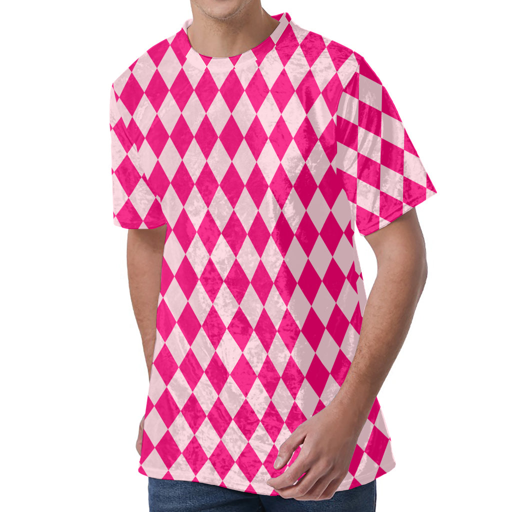 Pink Harlequin Pattern Print Men's Velvet T-Shirt