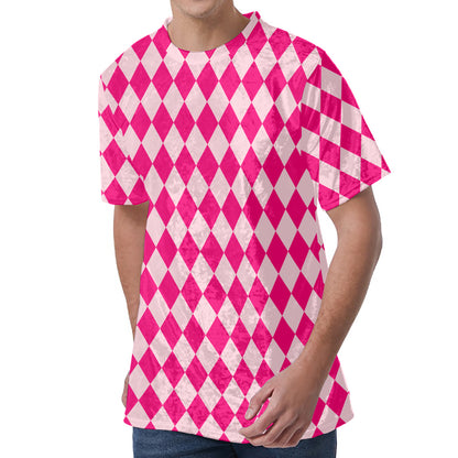 Pink Harlequin Pattern Print Men's Velvet T-Shirt