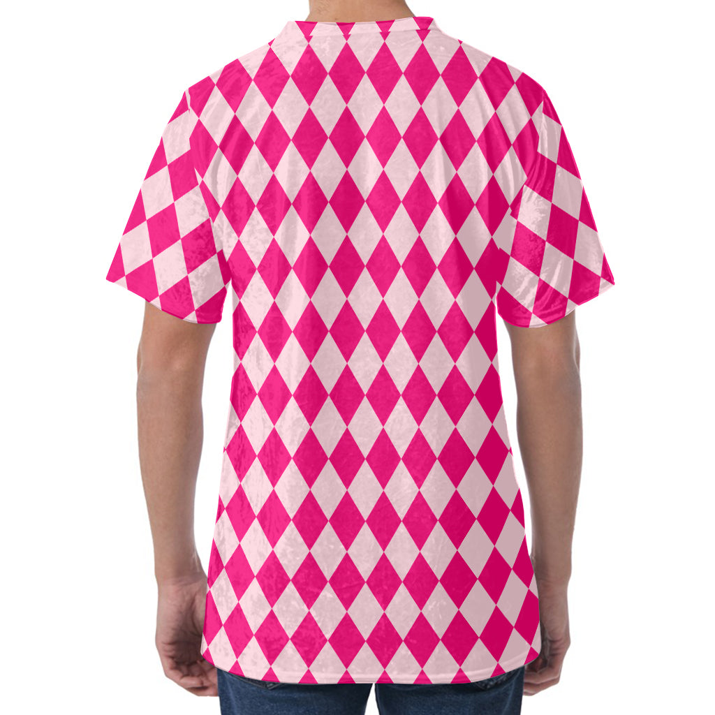 Pink Harlequin Pattern Print Men's Velvet T-Shirt