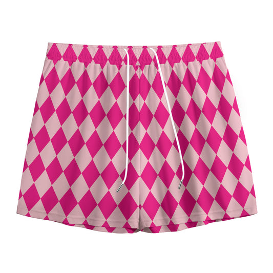 Pink Harlequin Pattern Print Mesh Shorts