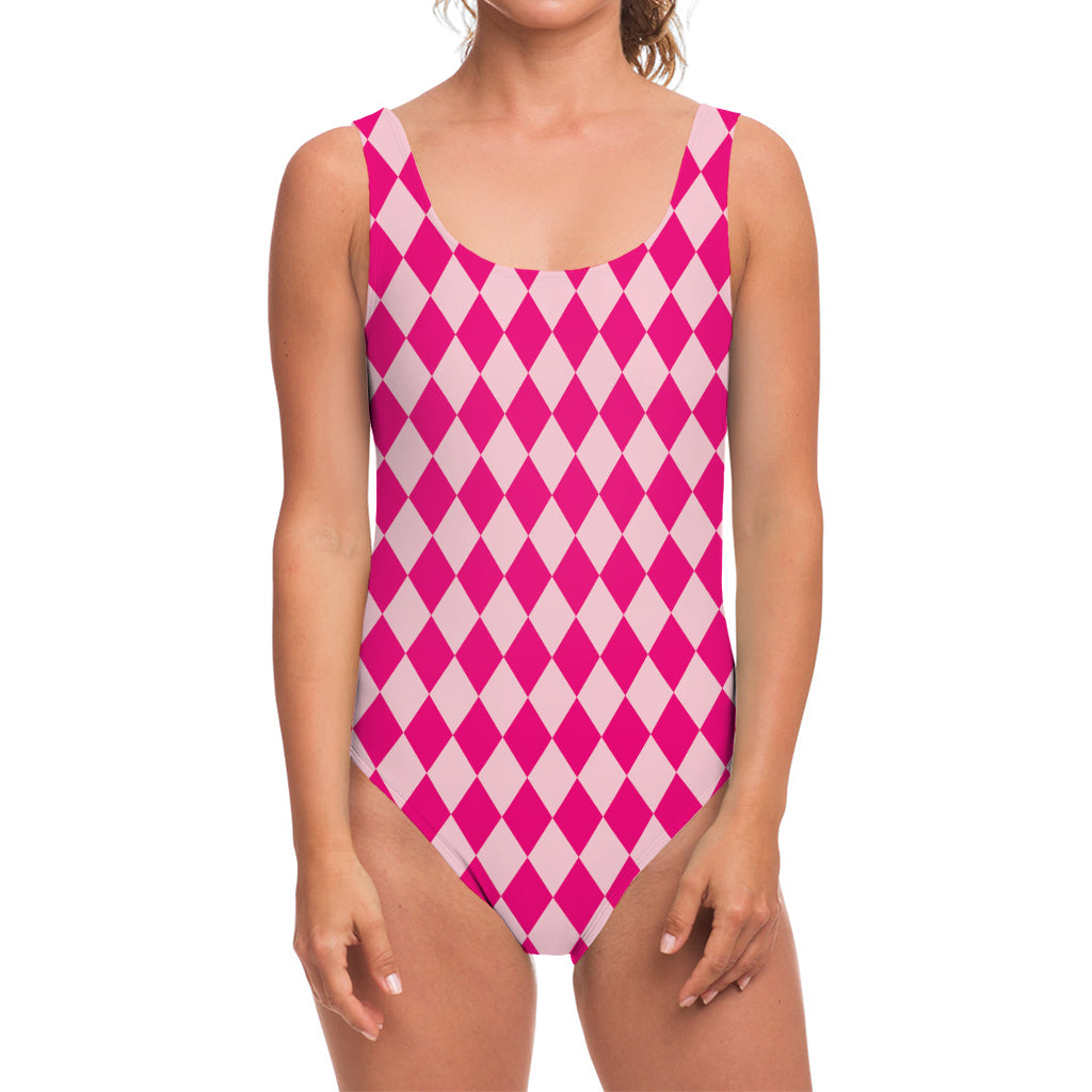 Pink Harlequin Pattern Print One Piece Swimsuit