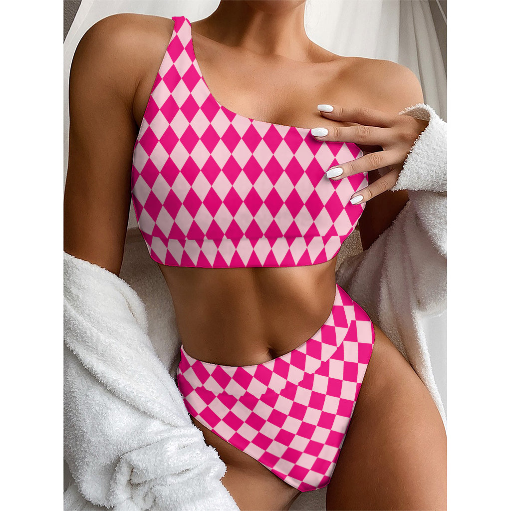 Pink Harlequin Pattern Print One Shoulder Bikini Top