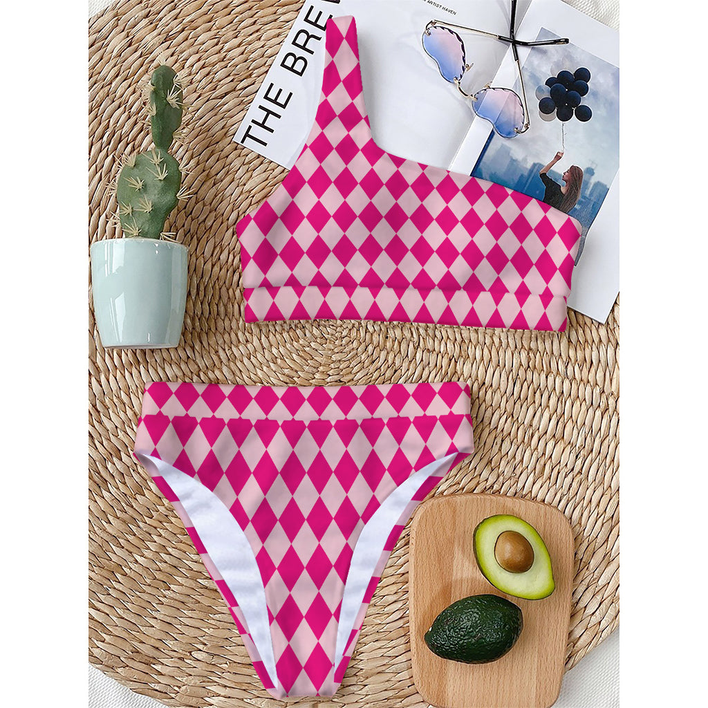 Pink Harlequin Pattern Print One Shoulder Bikini Top