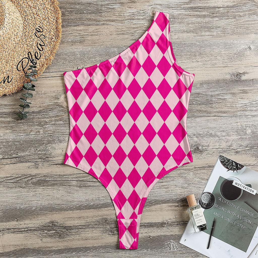 Pink Harlequin Pattern Print One Shoulder Bodysuit