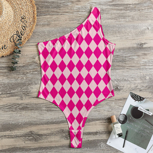 Pink Harlequin Pattern Print One Shoulder Bodysuit