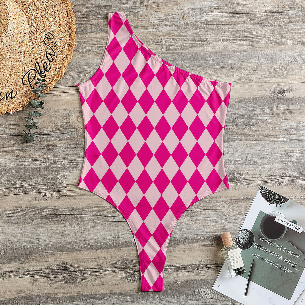 Pink Harlequin Pattern Print One Shoulder Bodysuit