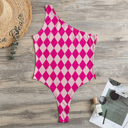 Pink Harlequin Pattern Print One Shoulder Bodysuit