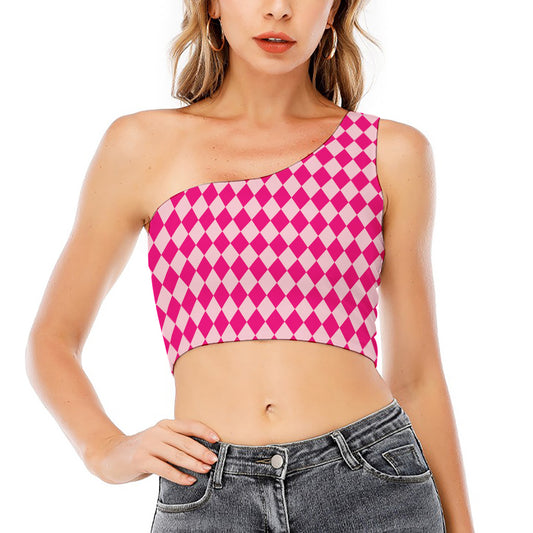 Pink Harlequin Pattern Print One Shoulder Crop Top