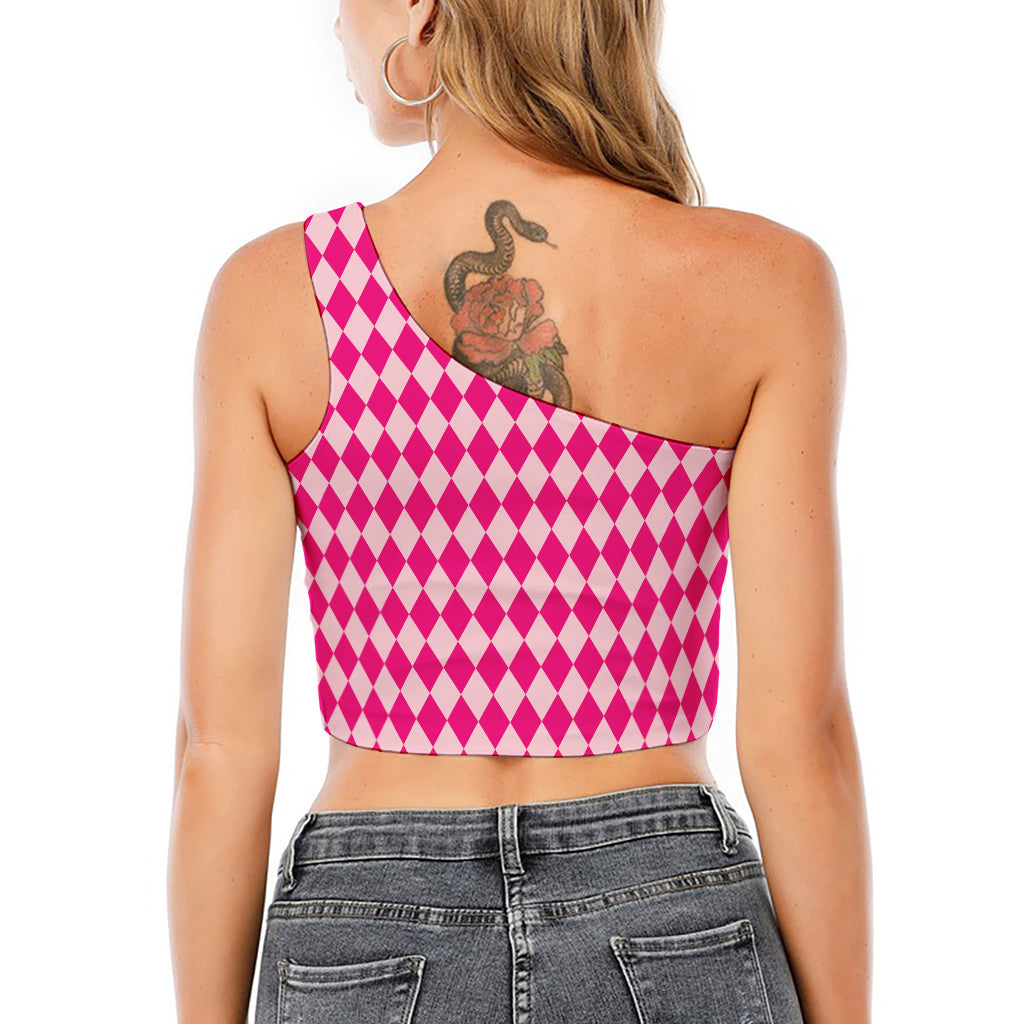 Pink Harlequin Pattern Print One Shoulder Crop Top