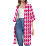 Pink Harlequin Pattern Print Open Front Beach Cover Up