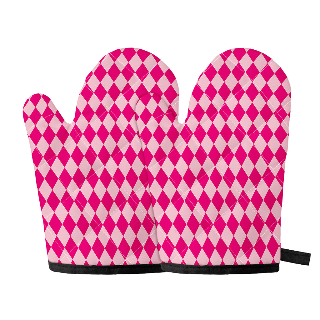 Pink Harlequin Pattern Print Oven Mitts