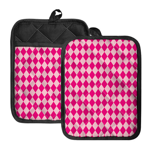 Pink Harlequin Pattern Print Pot Holders With Pocket