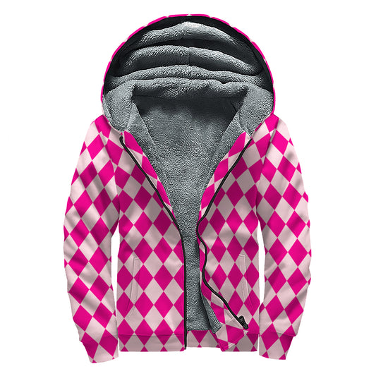 Pink Harlequin Pattern Print Sherpa Lined Zip Up Hoodie