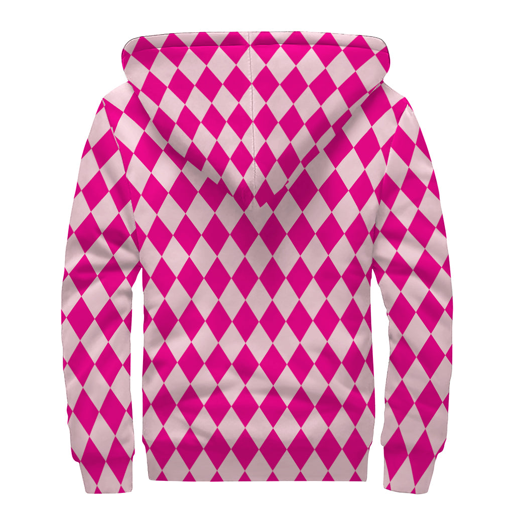 Pink Harlequin Pattern Print Sherpa Lined Zip Up Hoodie
