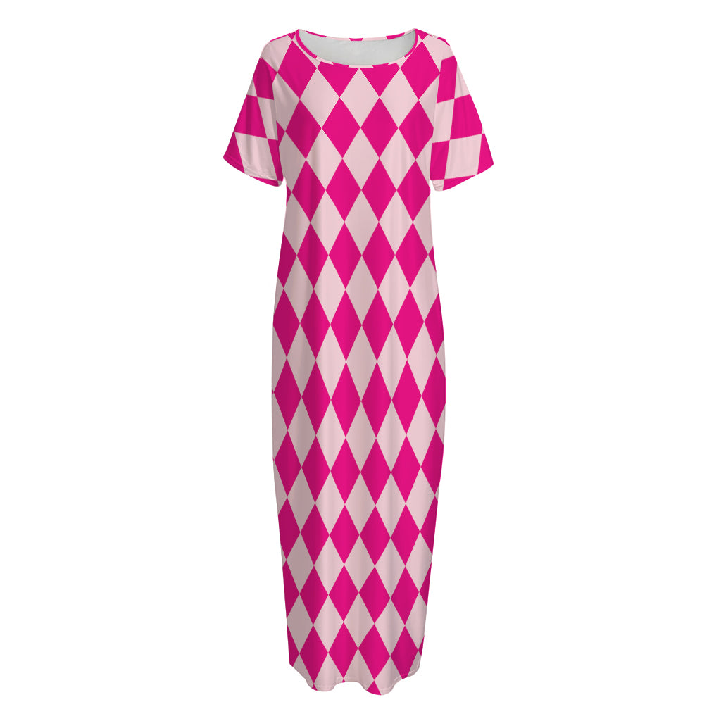 Pink Harlequin Pattern Print Short Sleeve Long Nightdress