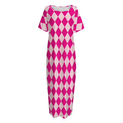 Pink Harlequin Pattern Print Short Sleeve Long Nightdress