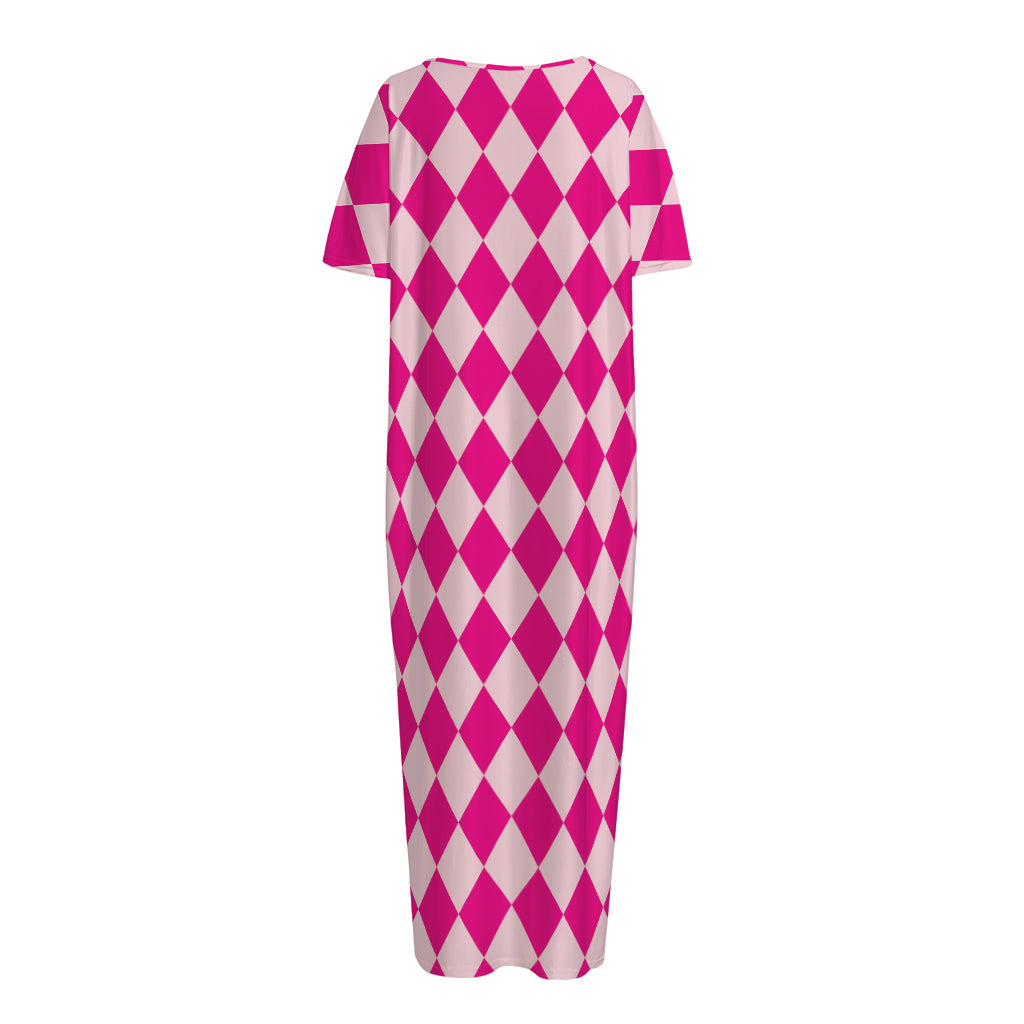 Pink Harlequin Pattern Print Short Sleeve Long Nightdress