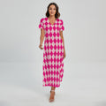 Pink Harlequin Pattern Print Short Sleeve Maxi Dress