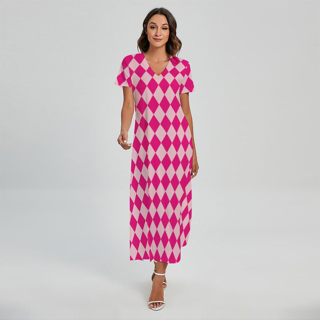 Pink Harlequin Pattern Print Short Sleeve Maxi Dress