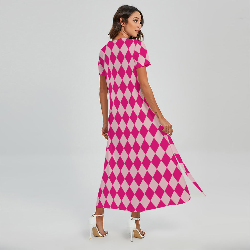 Pink Harlequin Pattern Print Short Sleeve Maxi Dress