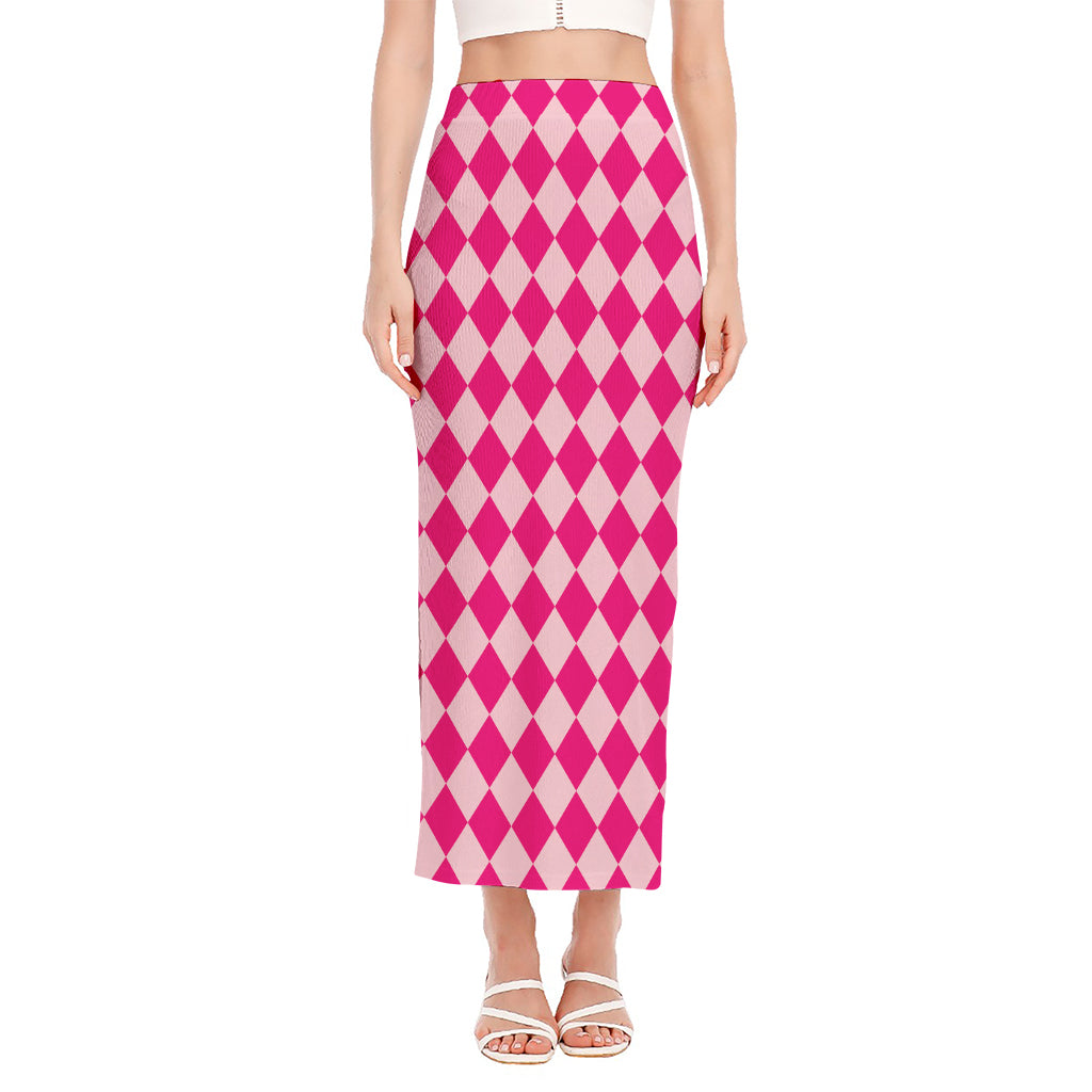 Pink Harlequin Pattern Print Side Slit Maxi Skirt