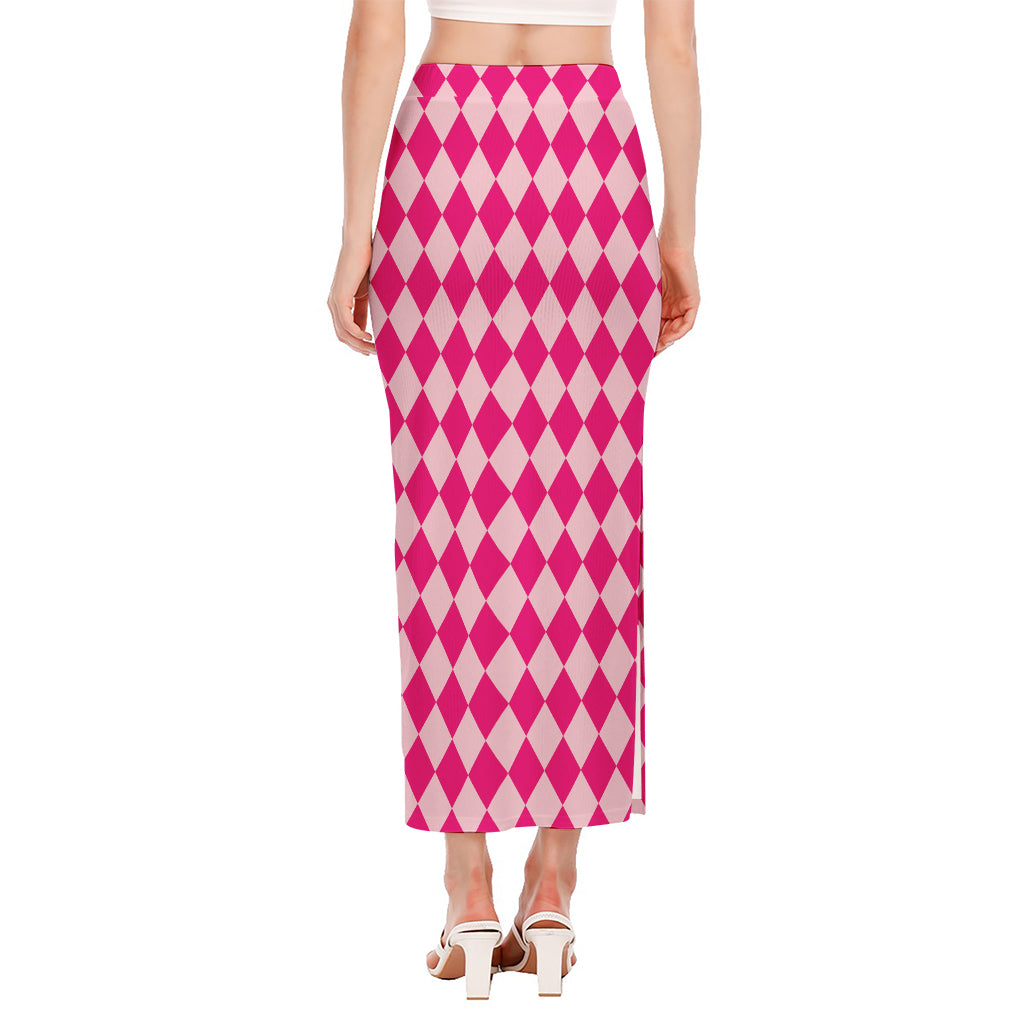 Pink Harlequin Pattern Print Side Slit Maxi Skirt