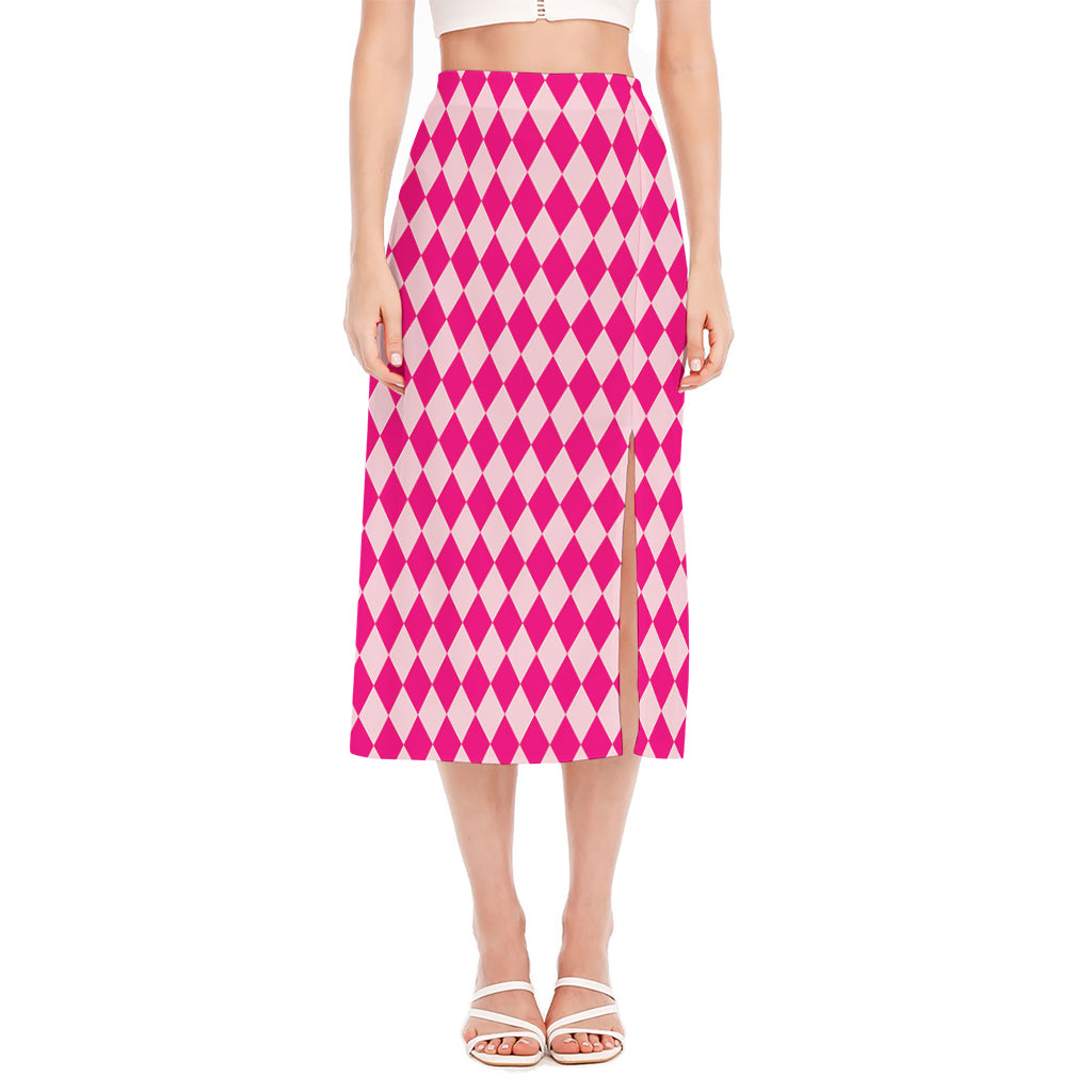 Pink Harlequin Pattern Print Side Slit Midi Skirt