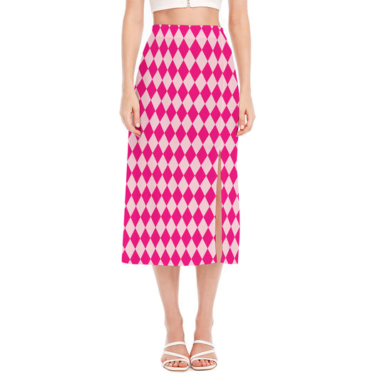 Pink Harlequin Pattern Print Side Slit Midi Skirt