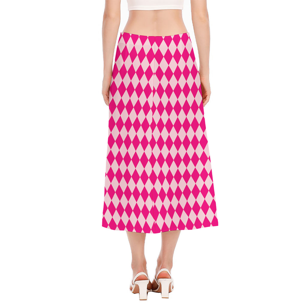Pink Harlequin Pattern Print Side Slit Midi Skirt
