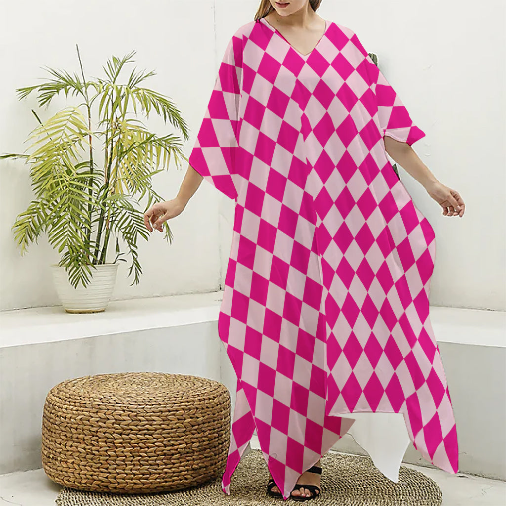 Pink Harlequin Pattern Print Silk V-Neck Kaftan Dress