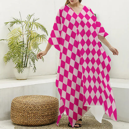 Pink Harlequin Pattern Print Silk V-Neck Kaftan Dress