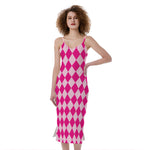 Pink Harlequin Pattern Print Slim Fit Midi Cami Dress