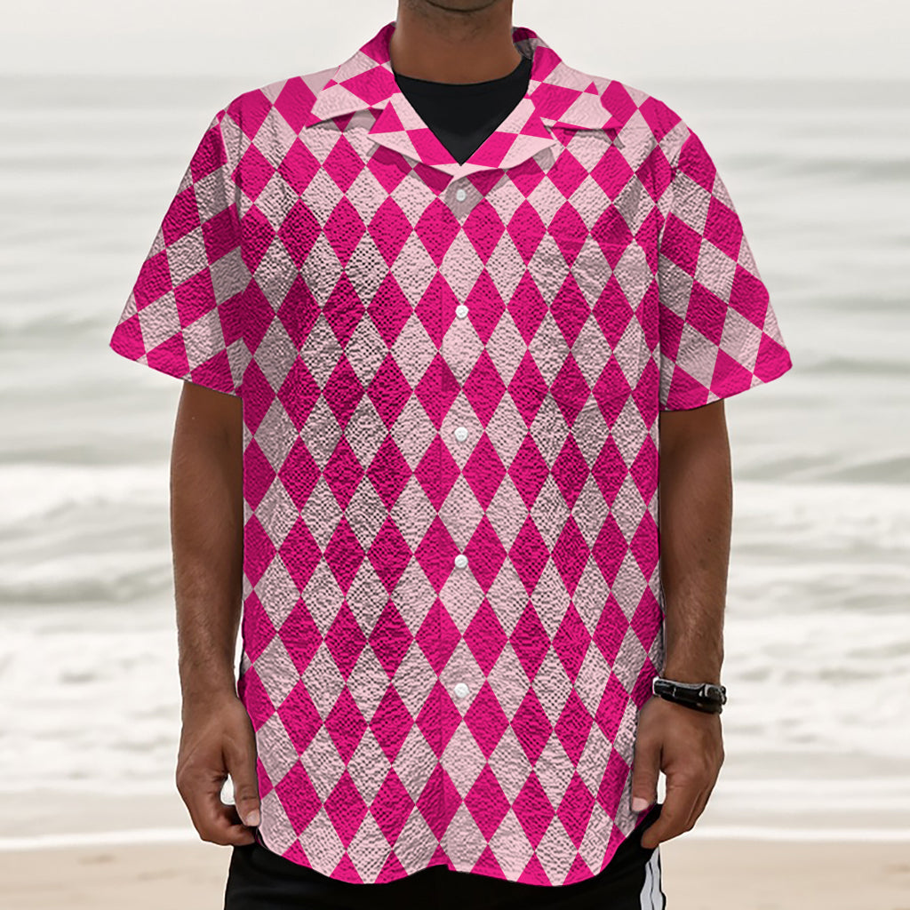 Pink Harlequin Pattern Print Textured Short Sleeve Shirt