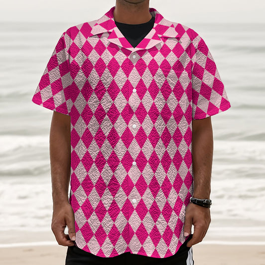 Pink Harlequin Pattern Print Textured Short Sleeve Shirt