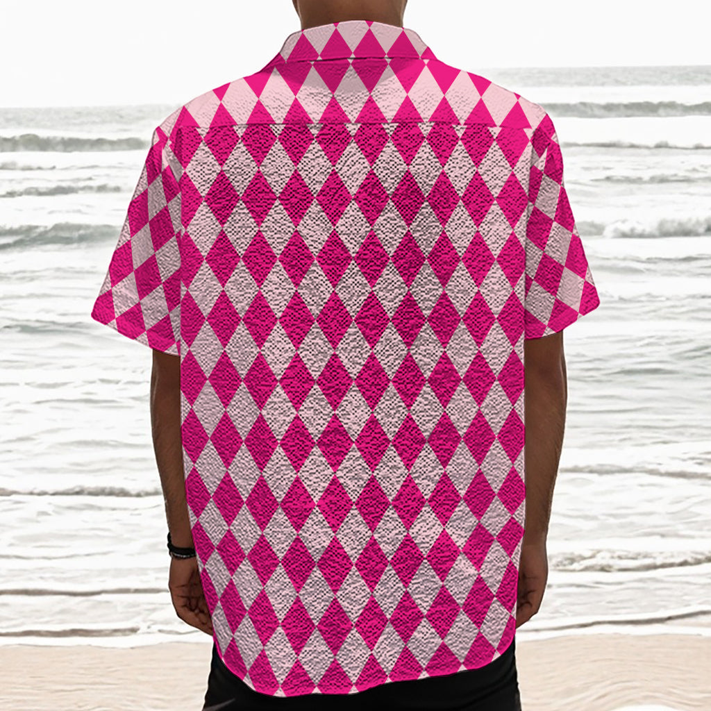 Pink Harlequin Pattern Print Textured Short Sleeve Shirt