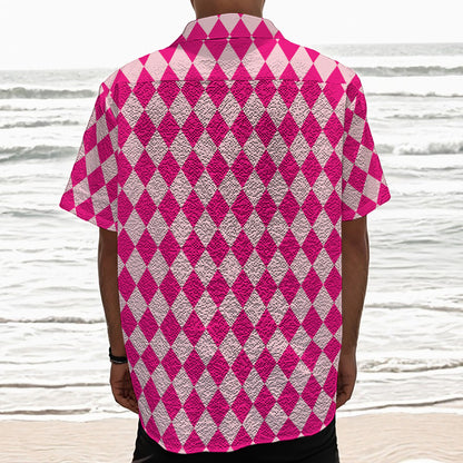 Pink Harlequin Pattern Print Textured Short Sleeve Shirt