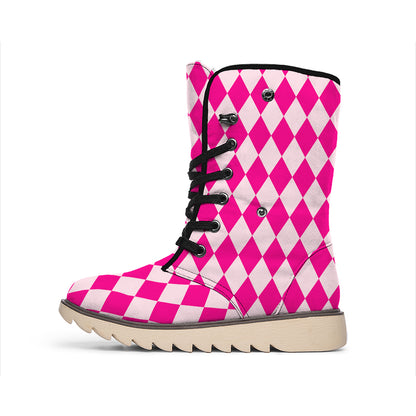 Pink Harlequin Pattern Print Winter Boots