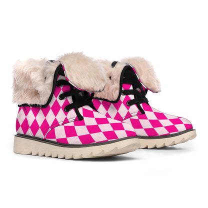 Pink Harlequin Pattern Print Winter Boots