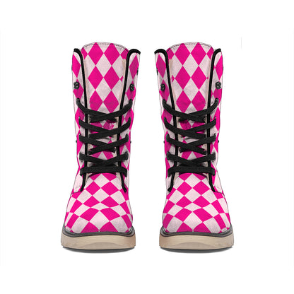 Pink Harlequin Pattern Print Winter Boots