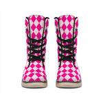 Pink Harlequin Pattern Print Winter Boots