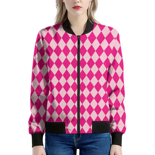 Pink Harlequin Pattern Print Women's Bomber Jacket