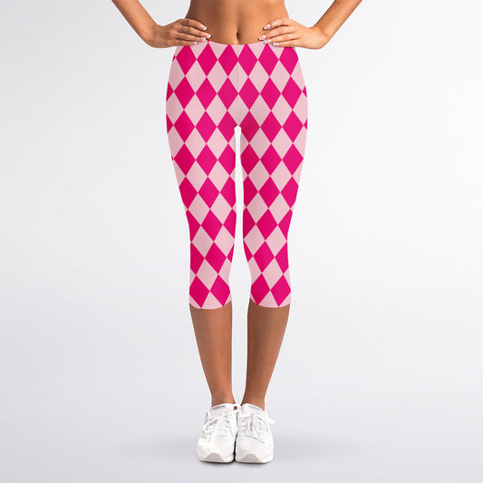 Pink Harlequin Pattern Print Women's Capri Leggings
