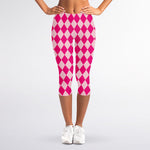 Pink Harlequin Pattern Print Women's Capri Leggings