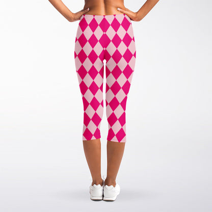 Pink Harlequin Pattern Print Women's Capri Leggings