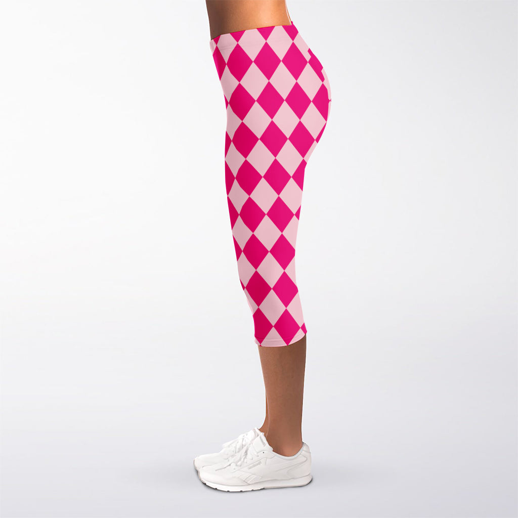 Pink Harlequin Pattern Print Women's Capri Leggings