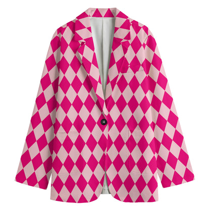 Pink Harlequin Pattern Print Women's Cotton Blazer