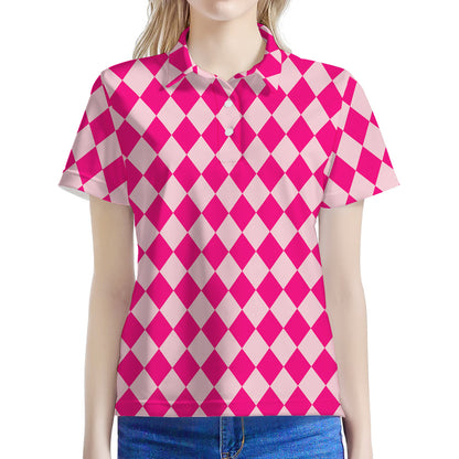 Pink Harlequin Pattern Print Women's Polo Shirt