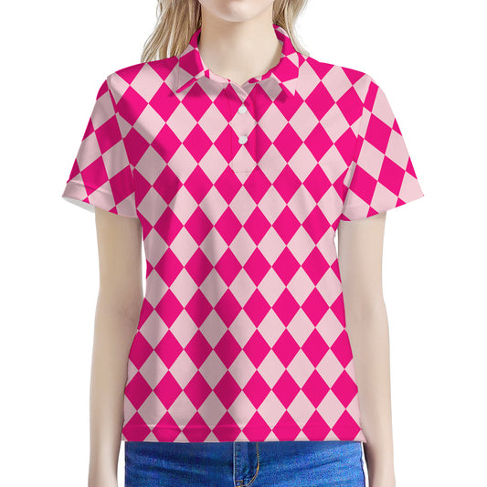 Pink Harlequin Pattern Print Women's Polo Shirt