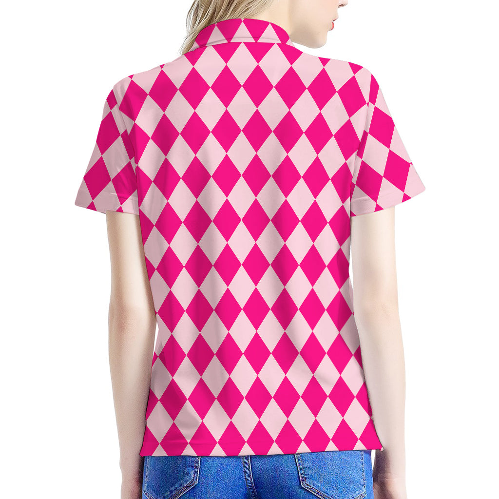 Pink Harlequin Pattern Print Women's Polo Shirt