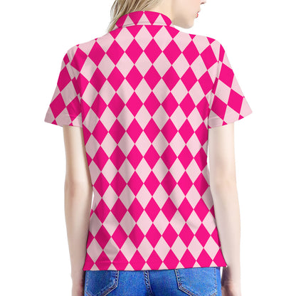 Pink Harlequin Pattern Print Women's Polo Shirt